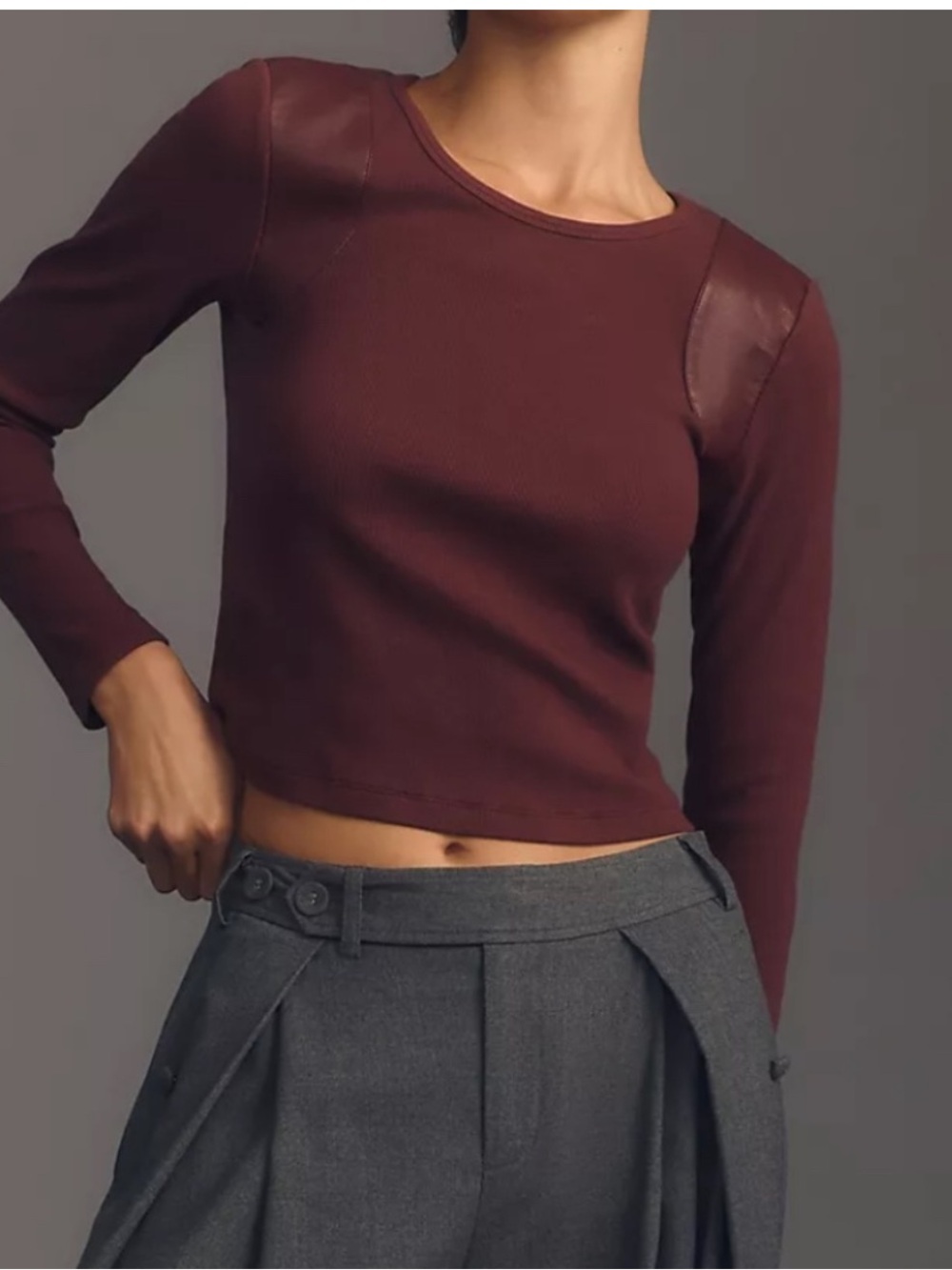Anthropologie Maeve Small Stretchy Burgundy With Leather Shoulder Details S